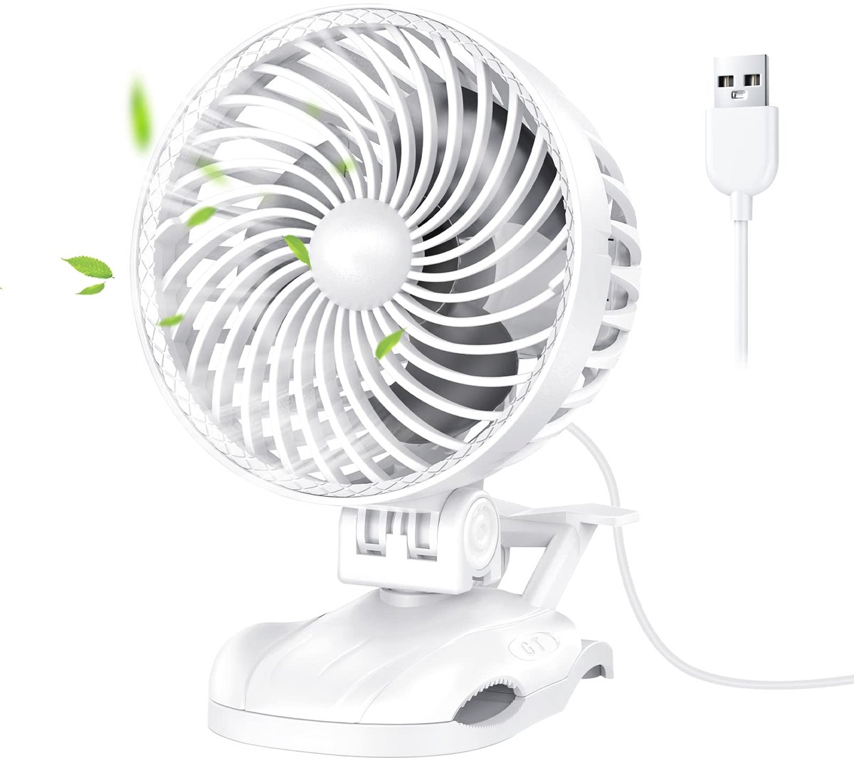 SnelShoppen - OUILA Mini-USB-ventilator, tafelventilator, clipventilator met 9 snelheden, wit, compact en draagbaar voor thuis, kantoor, camping, tuin