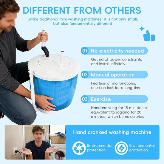 Mini Wasemachine - Handwasmachine Camping - Kleine Wasjes Draaien - Zonder Stroom Zwengelsysteem - 2 kg Capaciteit - Hemelsblauw — afbeelding 3