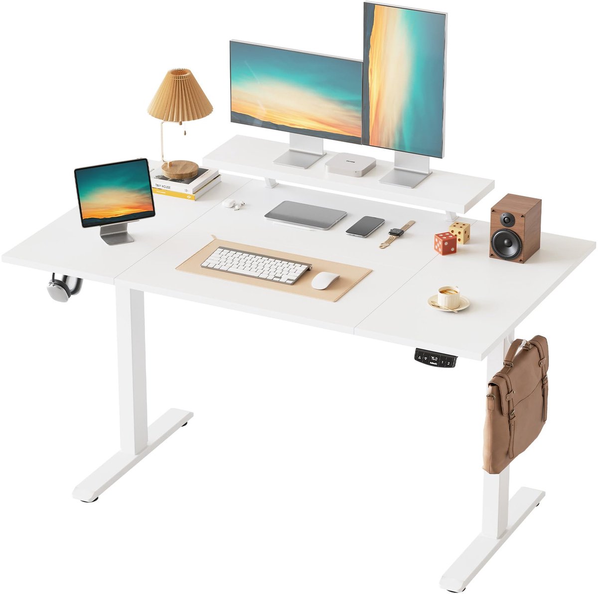 SnelShoppen - In hoogte verstelbaar bureau 140x80cm met beweegbare monitorstandaard, Zit-Sta bureaus, 2 geheugenknoppen, Wit, Ideaal voor thuiswerken