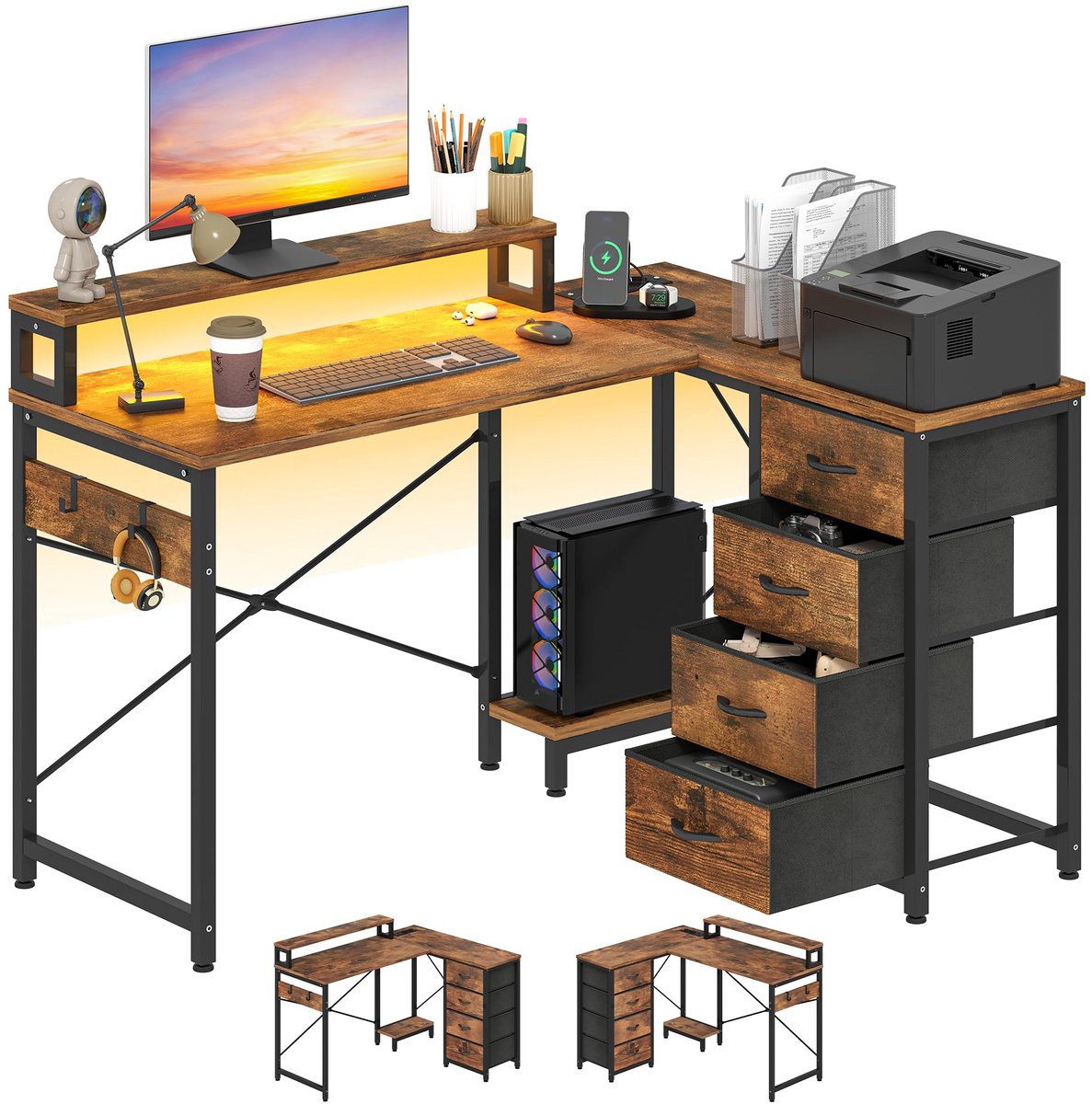 SnelShoppen - Multifunctioneel Hoekbureau met Doe-Het-Zelf Opbergrek, 4 Niveaus, 2 USB-Poorten, Elektrische Stopcontacten, Vintage Bruin, 130 x 100 x