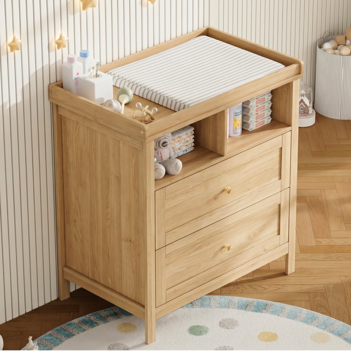 STILVORA Wickelkommode – Afneembare Wickelopzet, 82 x 50 x 90 cm – MDF – Naturel – Met Laden En Open Vakken Voor Babykamer
