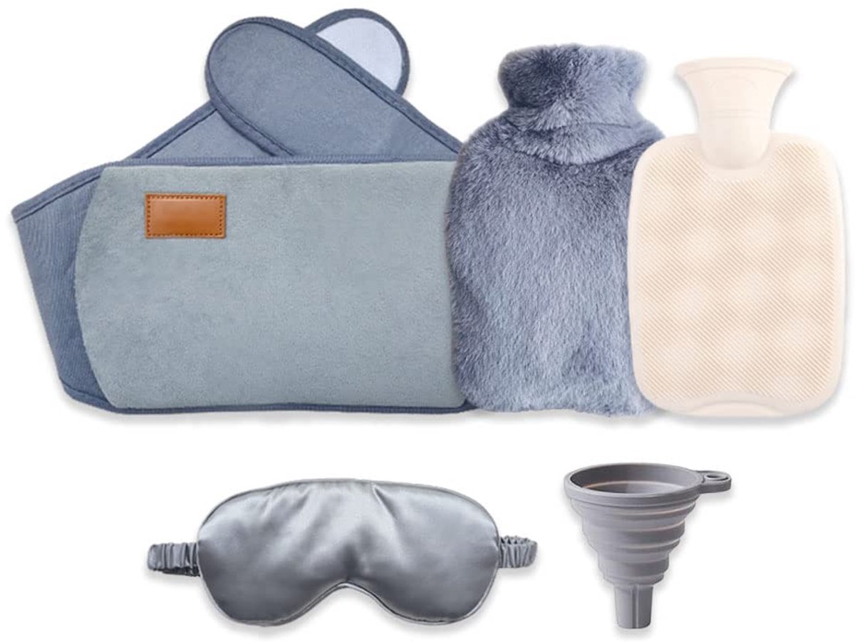 SnelShoppen - Warmwaterkruik Rubber 1 Liter met Fleece Overtrek, Oogmasker en Trechter - 3-in-1 Pijnverlichting voor Nek, Schouders, Taille en Voeten