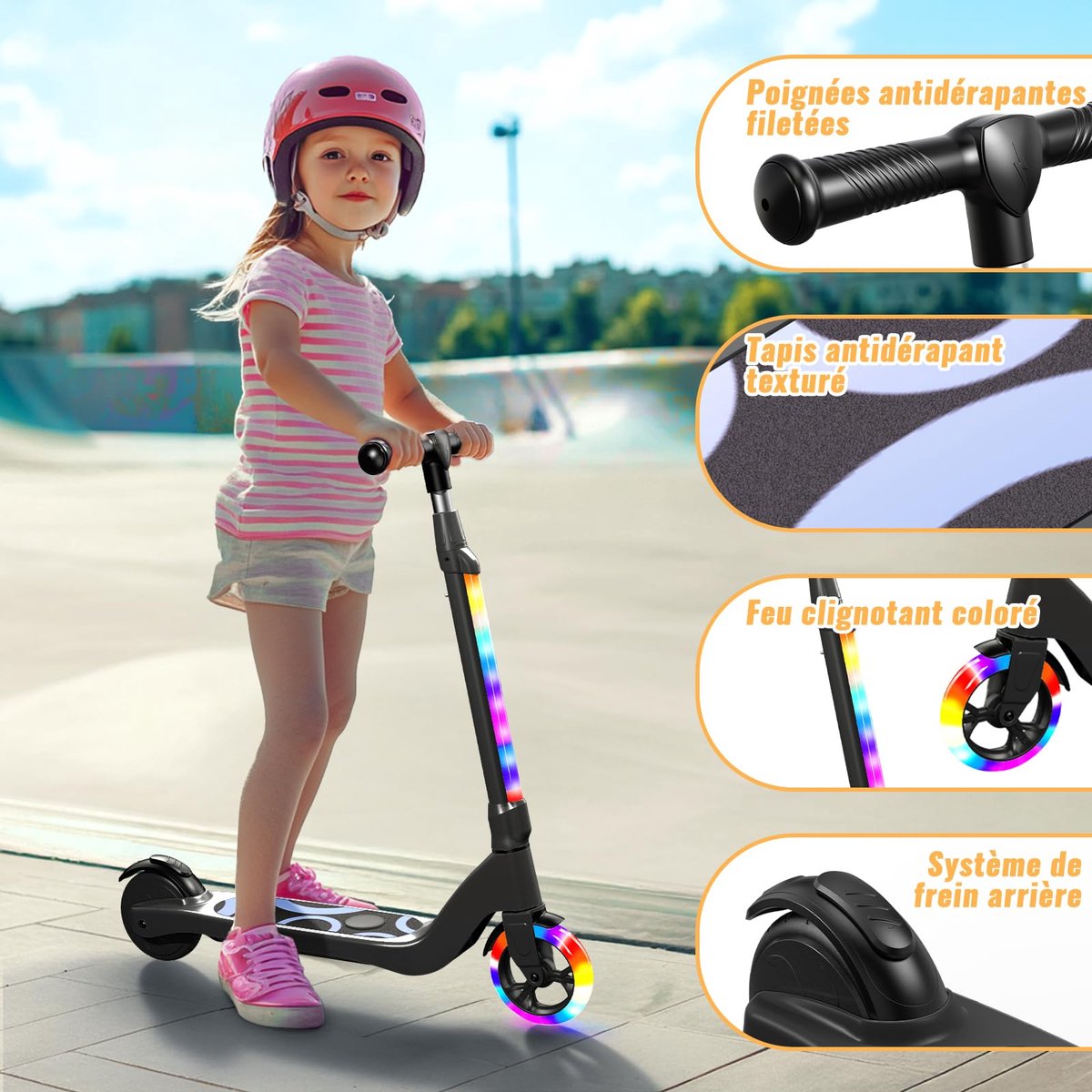 SnelShoppen - Elektrische step voor kinderen 6-10 jaar, inklapbaar, gekleurd LED licht, 3 hoogtes, 5,3 inch, maximaal 70 kg, snelheid tot 20 km/u, ide