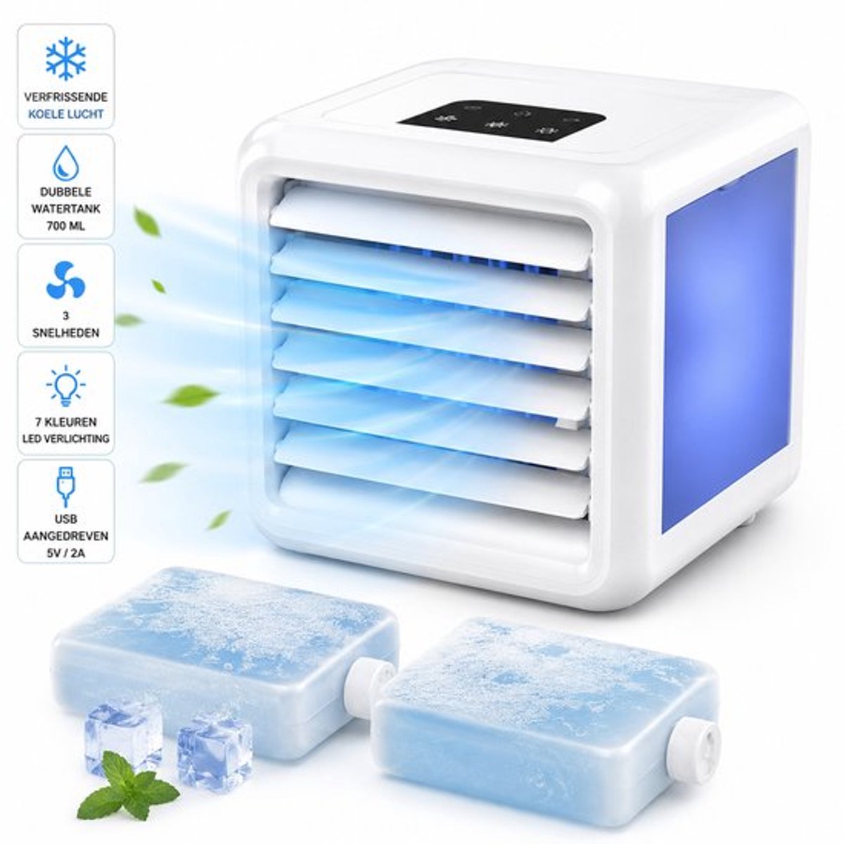 QUIGG Mini Air Cooler met LED Verlichting – Draagbare Luchtkoeler – Dubbele Watertank 700 ml – 3 Snelheden – USB Aangedreven – Wit