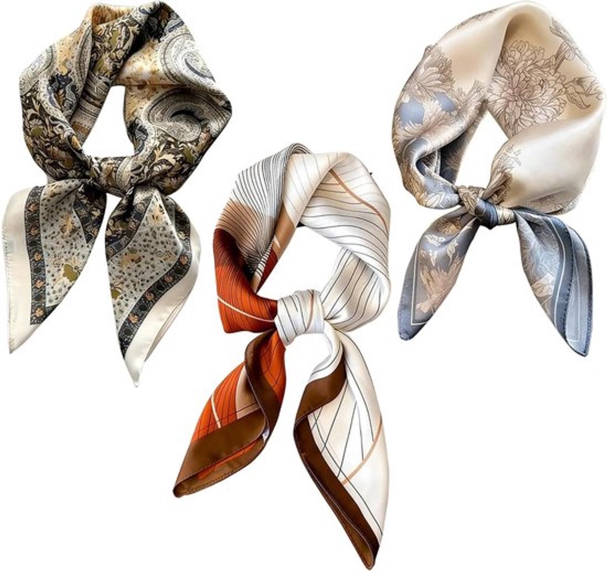 Vierkante zijden doek voor dames - Lente en zomer sjaal - Elegante en dunne hoofddoek met zachte bandana - Vintage en groot - Set van 3 stuks