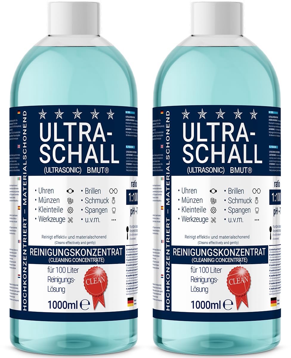 SnelShoppen - 2 x 1000 ml Ultrasoonreiniger Vloeistof voor Brillen, Horloges, Sieraden, Kunstgebitten - Effectieve Concentrate voor Ultrasoon Bad
