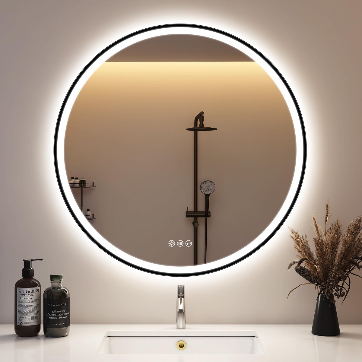 SnelShoppen - Ronde Badkamerspiegel met LED Verlichting 80cm - Dimbare Bluetooth Spiegel met 3 Lichtkleuren, Ontneveling en Lichtgeheugen - IP44 HD Ge