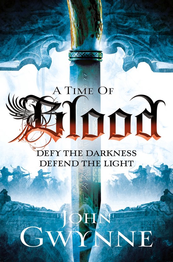 Boekomslag van 'A Time of Blood' door John Gwynne, met een zwaard, adelaar en tekst.