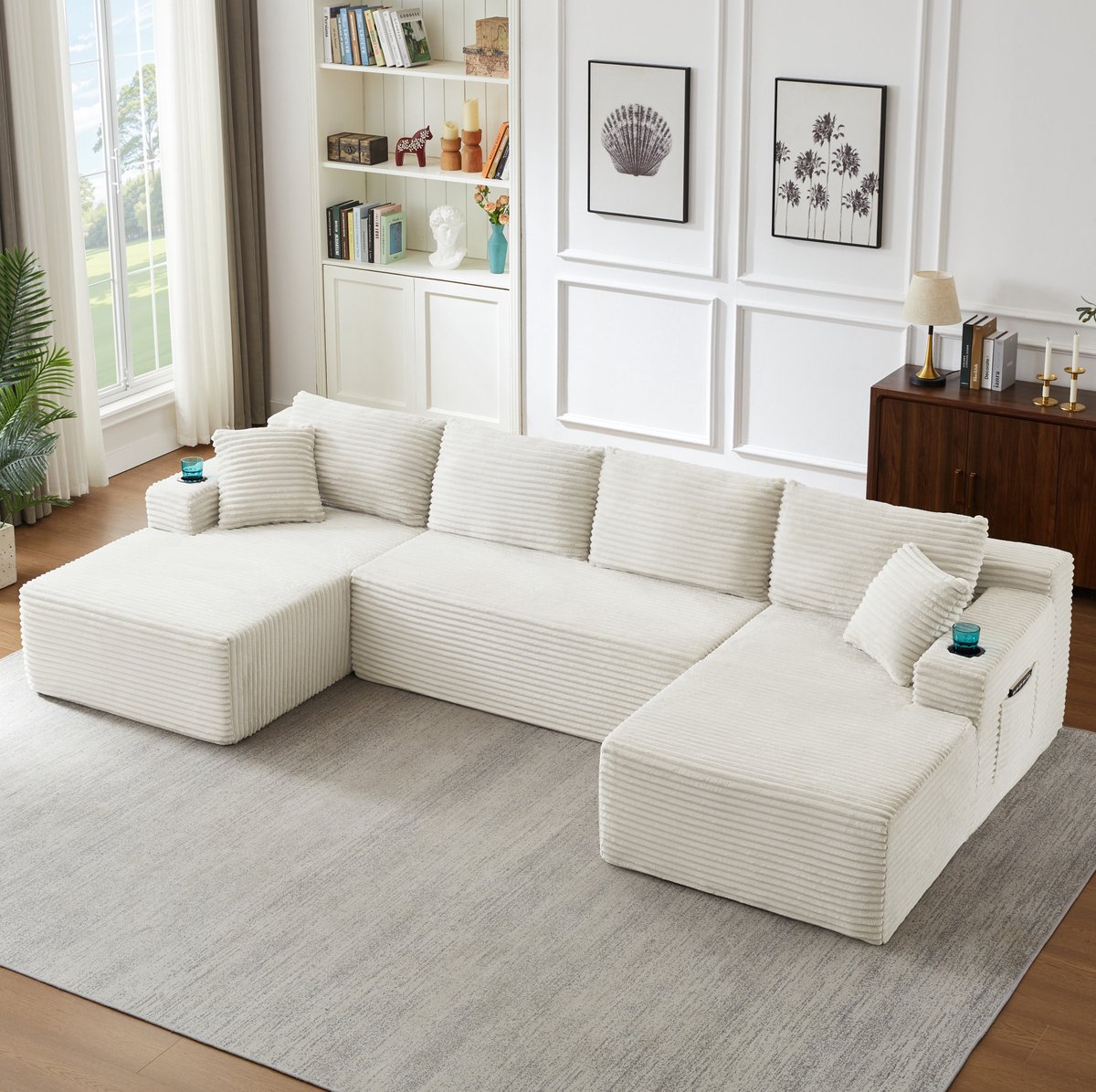 REDOM - U-bank - Modulaire corduroy bekleding - Diepe zitvlakken - Zonder montage - Minimalistische stijl - Woonkamer - Beige - 6-zits