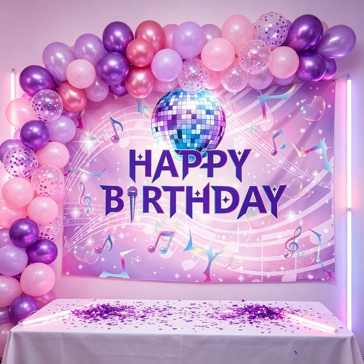 Dailygoods- Ballonslinger Muziekthema - Verjaardagsdecoratie - Feestdecoratie - Roze-Lila Achtergrond - 24 Ballonnen - Kleurrijke Toets