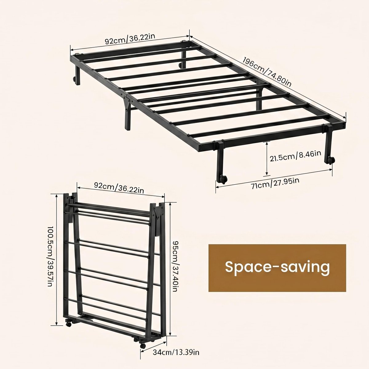 SnelShoppen - Vouwbed 90 x 190 cm - Opvouwbaar Eenpersoonsbed - Metalen Logeerbed met 4 Wielen - Inklapbaar Reisbed voor Camping en Thuis - Ruimtebesp