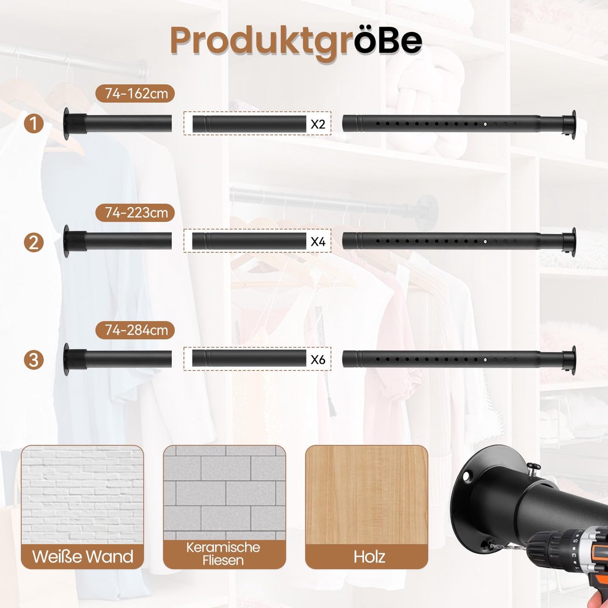 SnelShoppen - Uittrekbare Garderobestang Wandmontage Zwart 74-162 cm - Kledingstang voor S