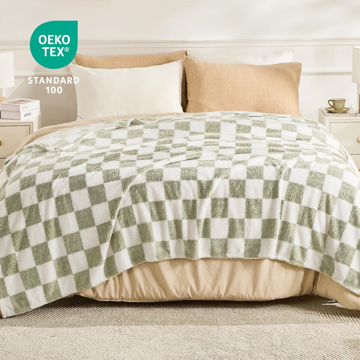 SnelShoppen - EMME Knuffeldeken Flauschige Sherpa - Geruite Deken 200 x 230 cm, Zachte Warme Wol- en Fleecedeken, Ideaal voor Sofa, Bank, Salie Groen