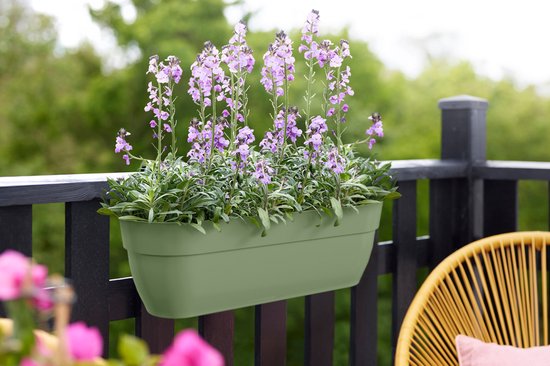 Pistachegroene Elho balkonbak gevuld met paarse bloemen, hangend aan een zwarte balustrade.
