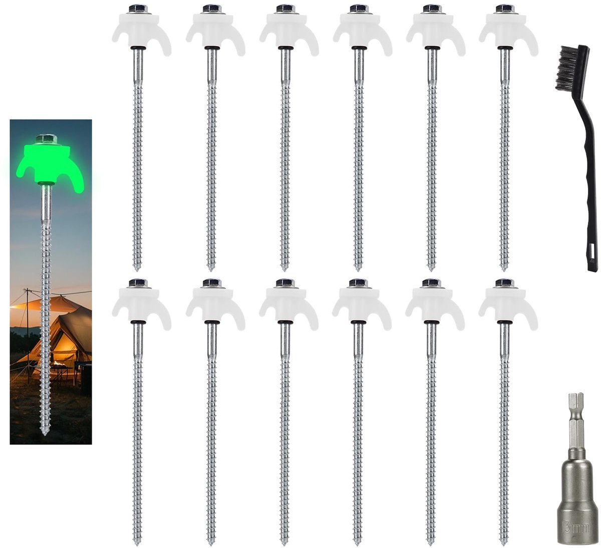 SnelShoppen - 12 x Lichtgevende Schroefharingen Camping 20 cm - Tentharingen met Schroefdraad Adapter en Draadborstel - Platte Kopschroeven voor Campi