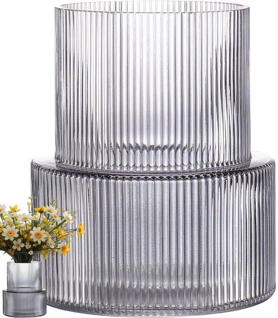 SnelShoppen - Glazen Vaas voor Bloemen, Geribbeld Glas, Moderne Doorzichtige Vazen, Grijze Decoratie, Grote Rozenvaas voor Woonkamer, Tafeldecoratie,