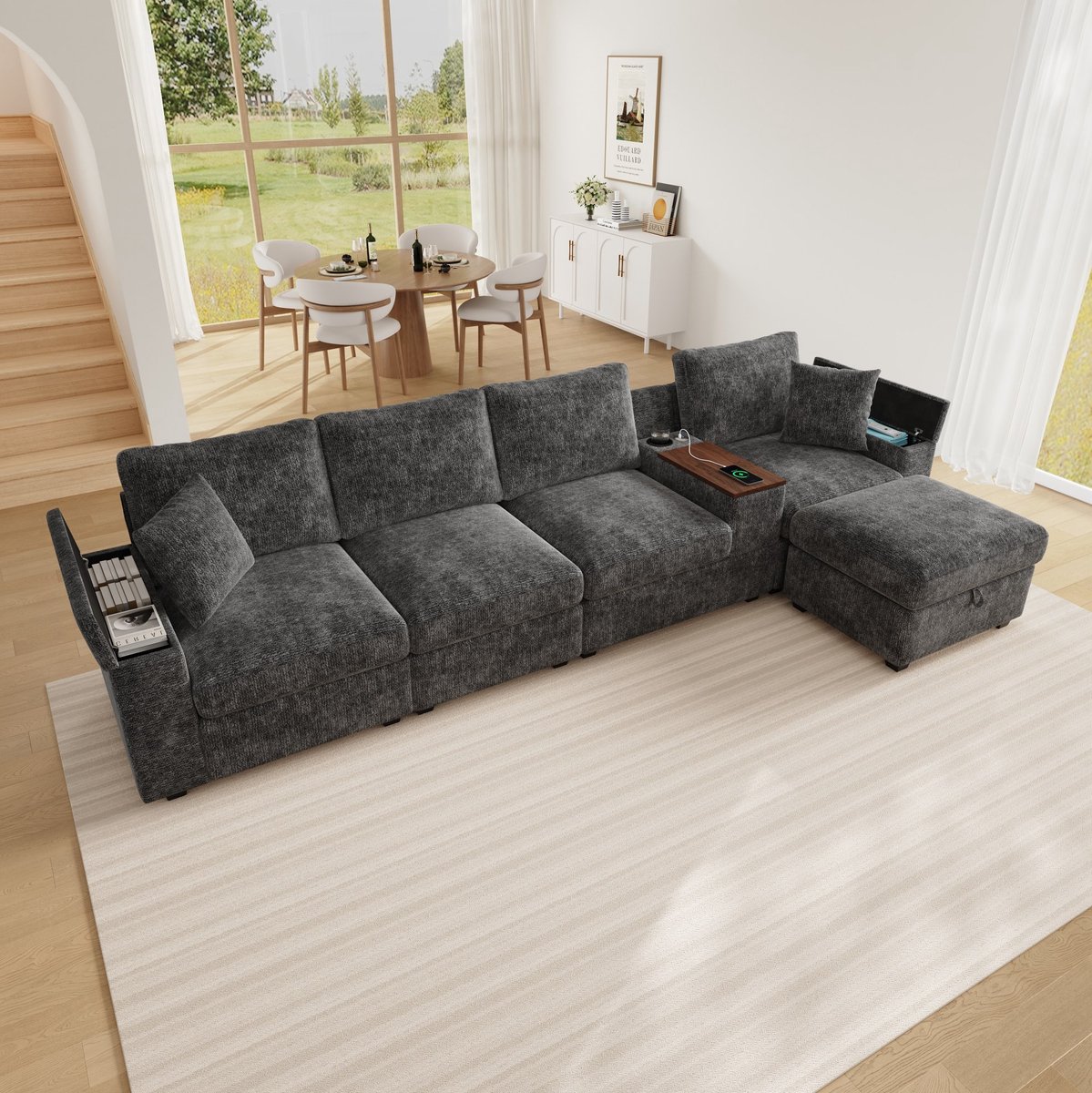 REDOM - Sofa - Modulaire L-vormige hoekbank met opbergruimte - USB- en Type-C-oplaadpoorten - Cupholders - 360° draaibare salontafel - Chenille - Grijs - 313 x 147 x 82 cm