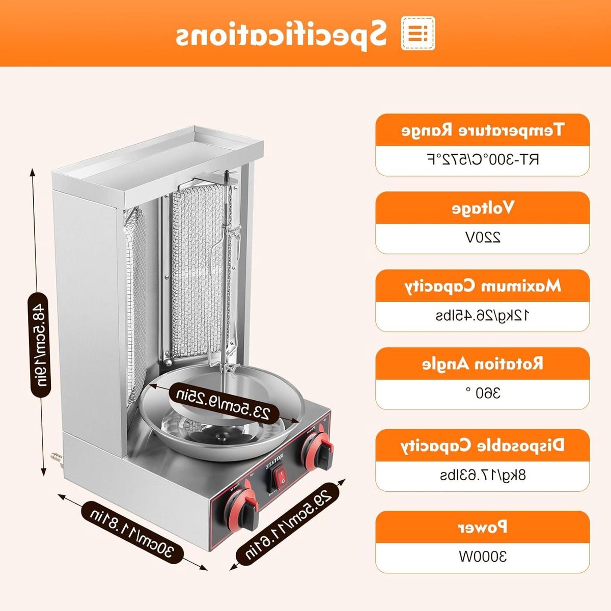 Verticale Grill - Dönergrill Tafelgrill - Vlees Garen - 360 Graden Draaibaar - 8 kg capaciteit - Zilver