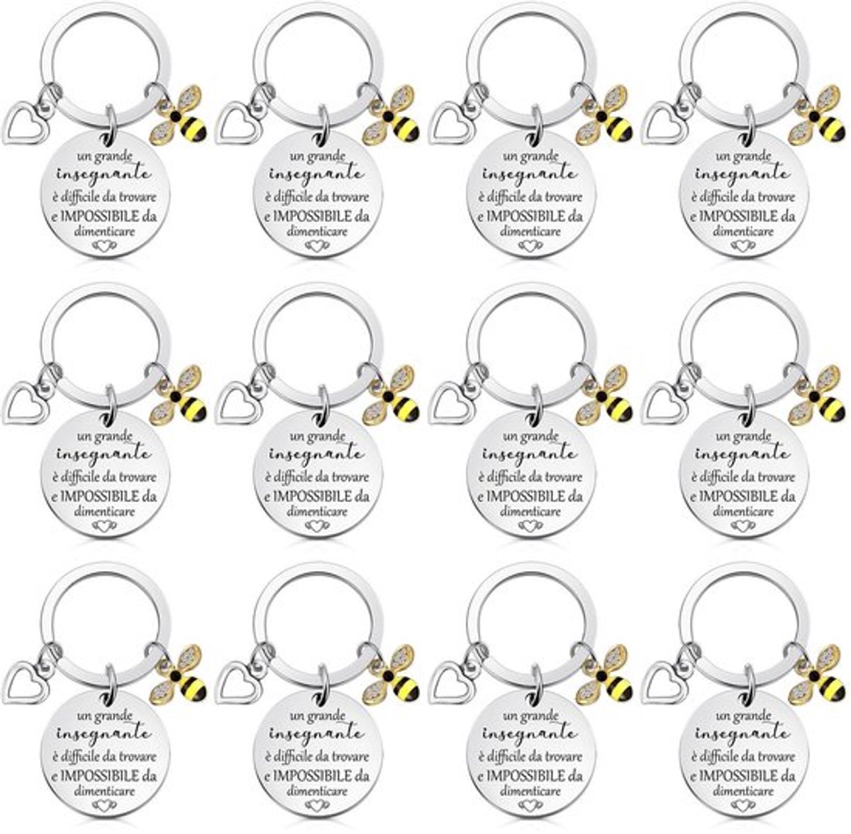Sleutelhanger met Bijen - 12 Stuks - Cadeau voor Leraren - Roestvrij Staal - Betekenisvol Geschenk - Einde van het Jaar - Sleutelhanger Set
