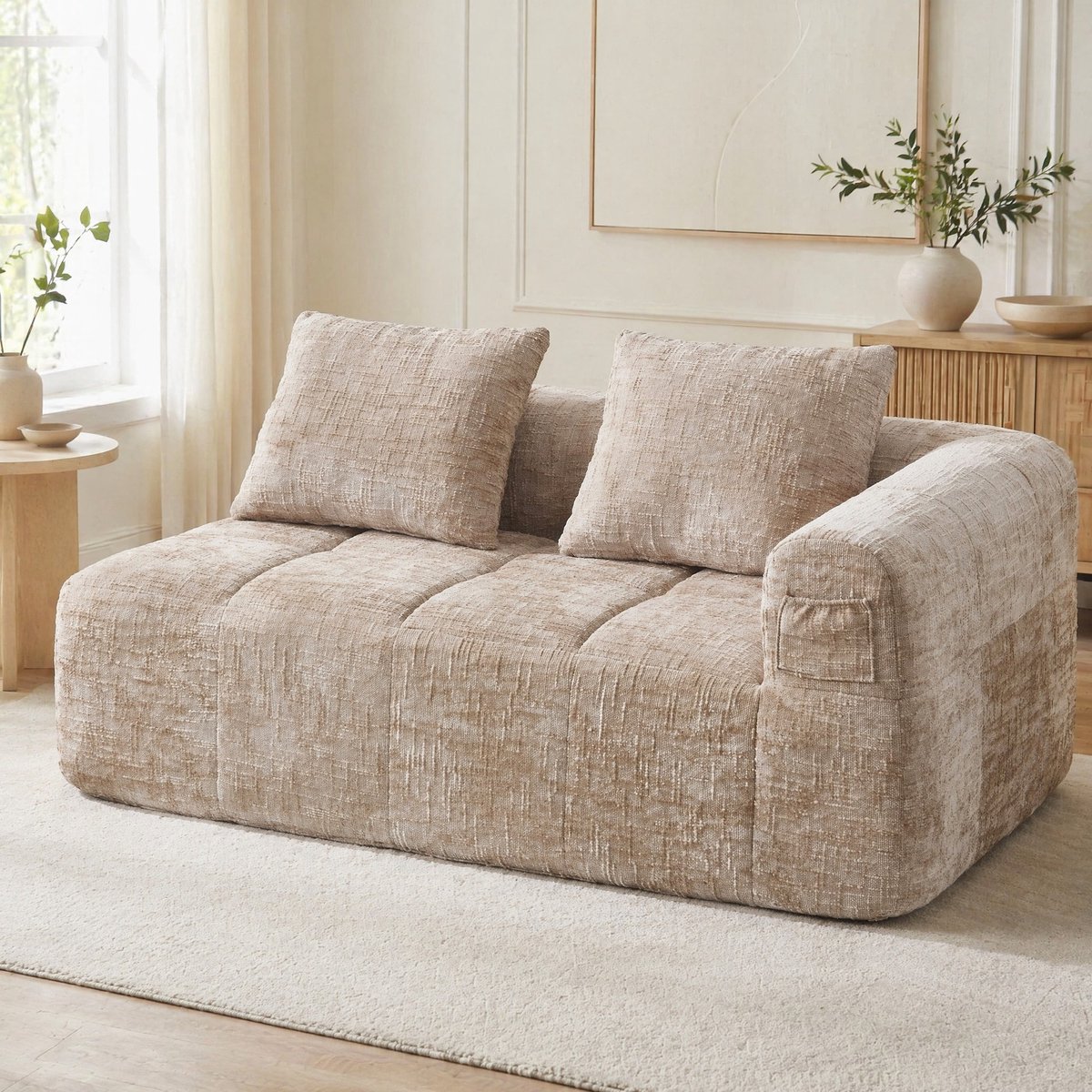 COVREO 2-zits bank 158x90x60 cm khaki chenille met zijzakken en kussen