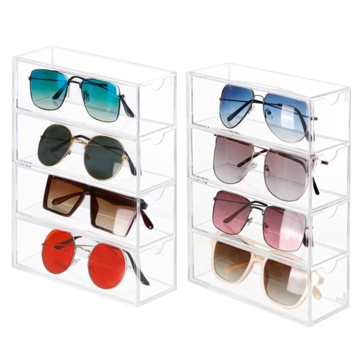 Zonnebril Organizer met 4 Lades - Brillenkoker / Brillendoos - Set van 2 - Doorzichtig Plastic - Stapelbare Bril Organizers - Bescherming tegen Krassen - Brillenhouder