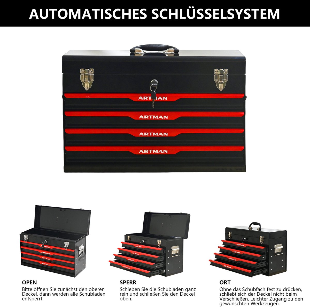 MIVRAY Gereedschapskist Met Lades – 4 Laden Met Slot En Handgreep – 53,2 X 22,3 X 34,5 Cm – Staal – Zwart – Draagbare Opbergoplossing