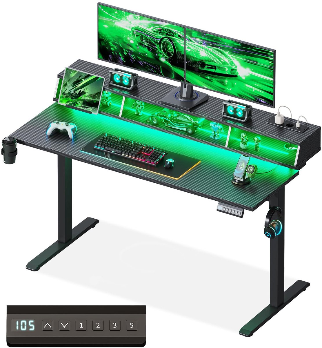 SnelShoppen - OffiGo Gaming Bureau 140cm Elektrisch Hoogte Verstelbaar Bureau met RGB LED, Stopcontacten, Staand Desk, Koolstofvezel Tafelblad, Zwart,