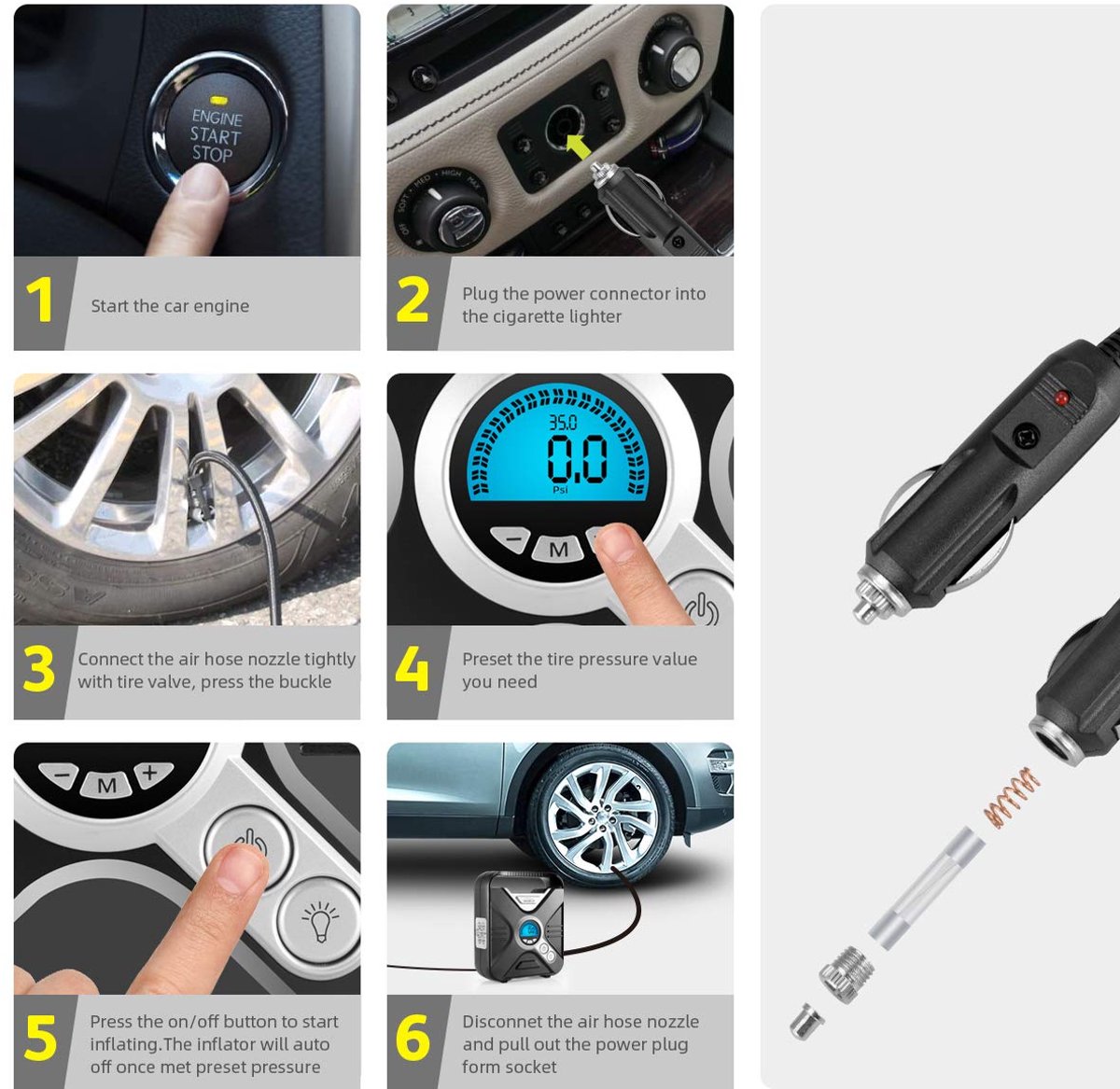 SnelShoppen - Draagbare 12V Luchtcompressor voor Auto en Fiets - Elektrische Digitale Bandenpomp met Bandenspanningsmeter, Ventieladapters en LED-lich