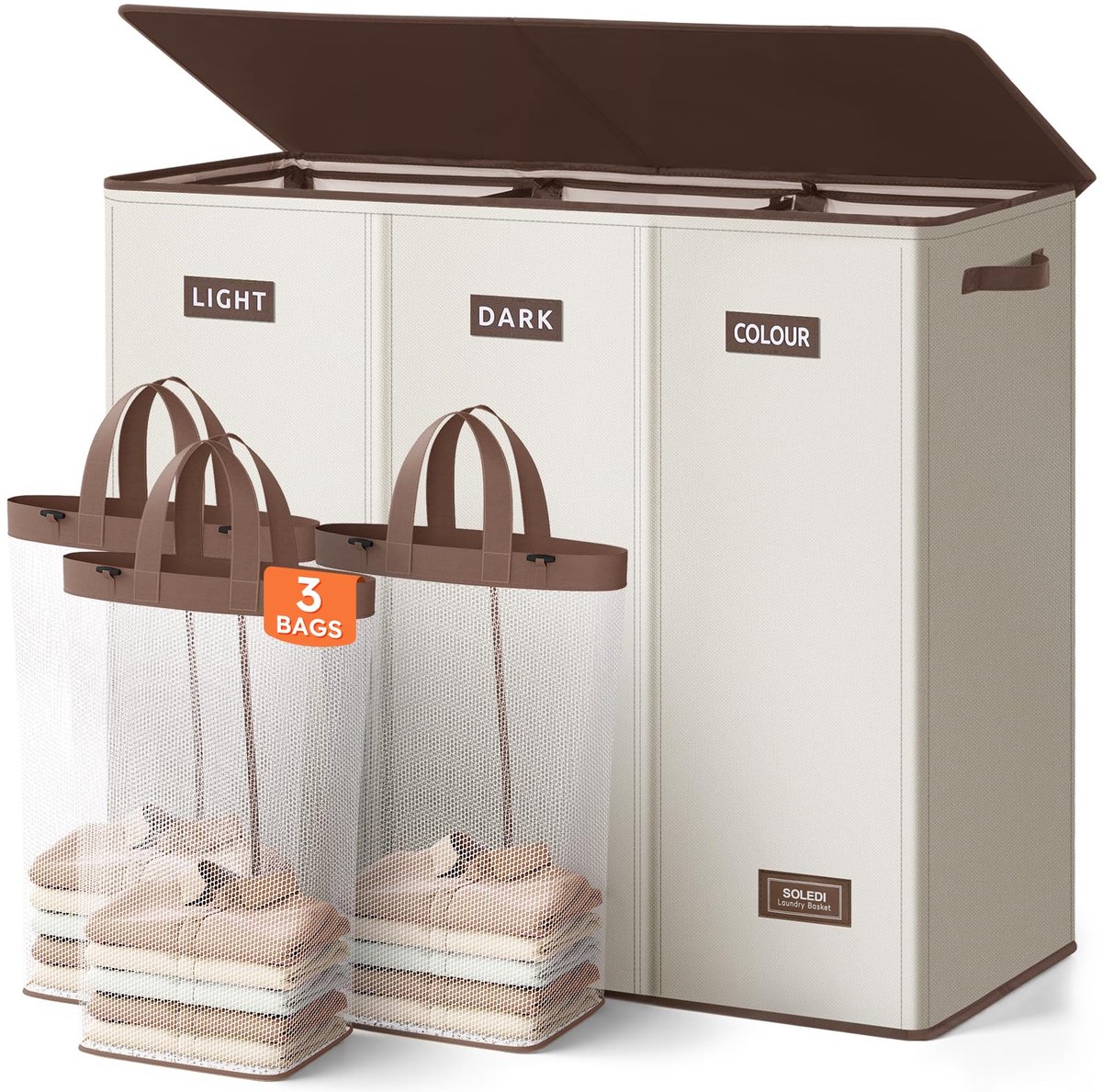 SnelShoppen - 200L Wasmand met Deksel - Wasverzamelaar 3 Vakken met 3 Waszakken - Grote XXXL Wassorteerder voor Badkamer, Slaapkamer, Wasruimte, Kinde