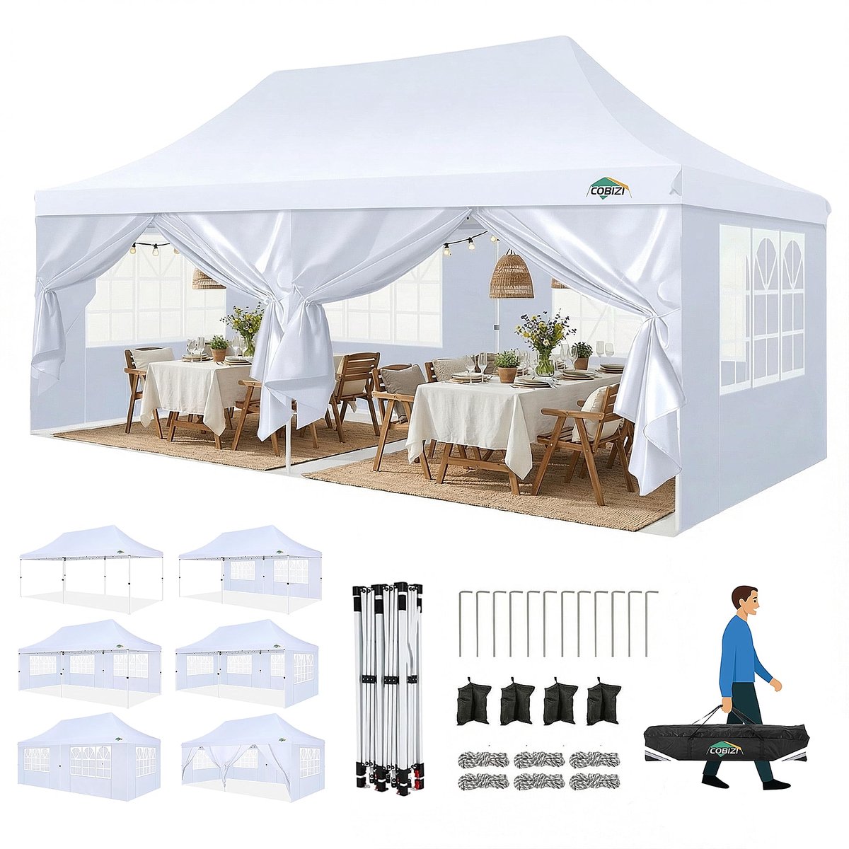 SnelShoppen - Vouwpaviljoen 3x6 m - Waterdicht, Stabiel & Winterbestendig - Pop-up Partytent met 6 Zijwanden en 4 Zandzakken - Anti-UV Tuinpaviljoen i