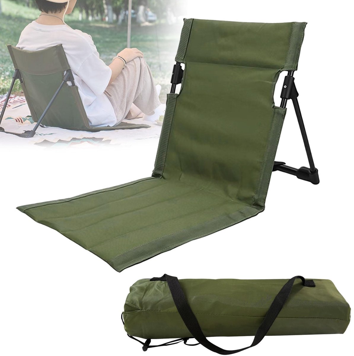 SnelShoppen - Buitenzitzak, Opvouwbare Strandmat met Rugleuning, Draagbare Stoel voor Buiten, Tuinzitkussen, Camping, Groen, 39,5 x 39 x 68 cm
