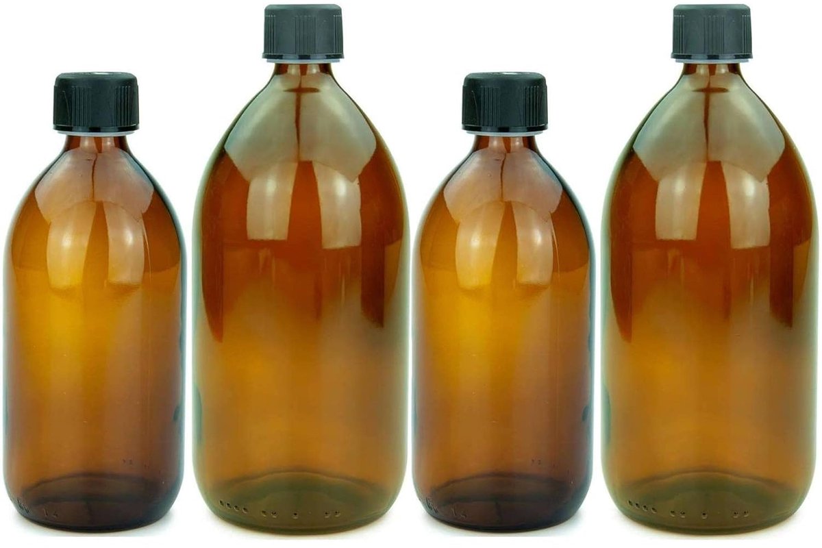 SnelShoppen - Set van 4 Bruine Glazen Flessen 2 x 500 ml + 2 x 1000 ml met Schroefdop voor Keuken, Feest, Camping en Tuin - Duurzaam en Stijlvol