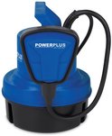 Blauwe Powerplus dompelpomp met zwarte basis en kabel.