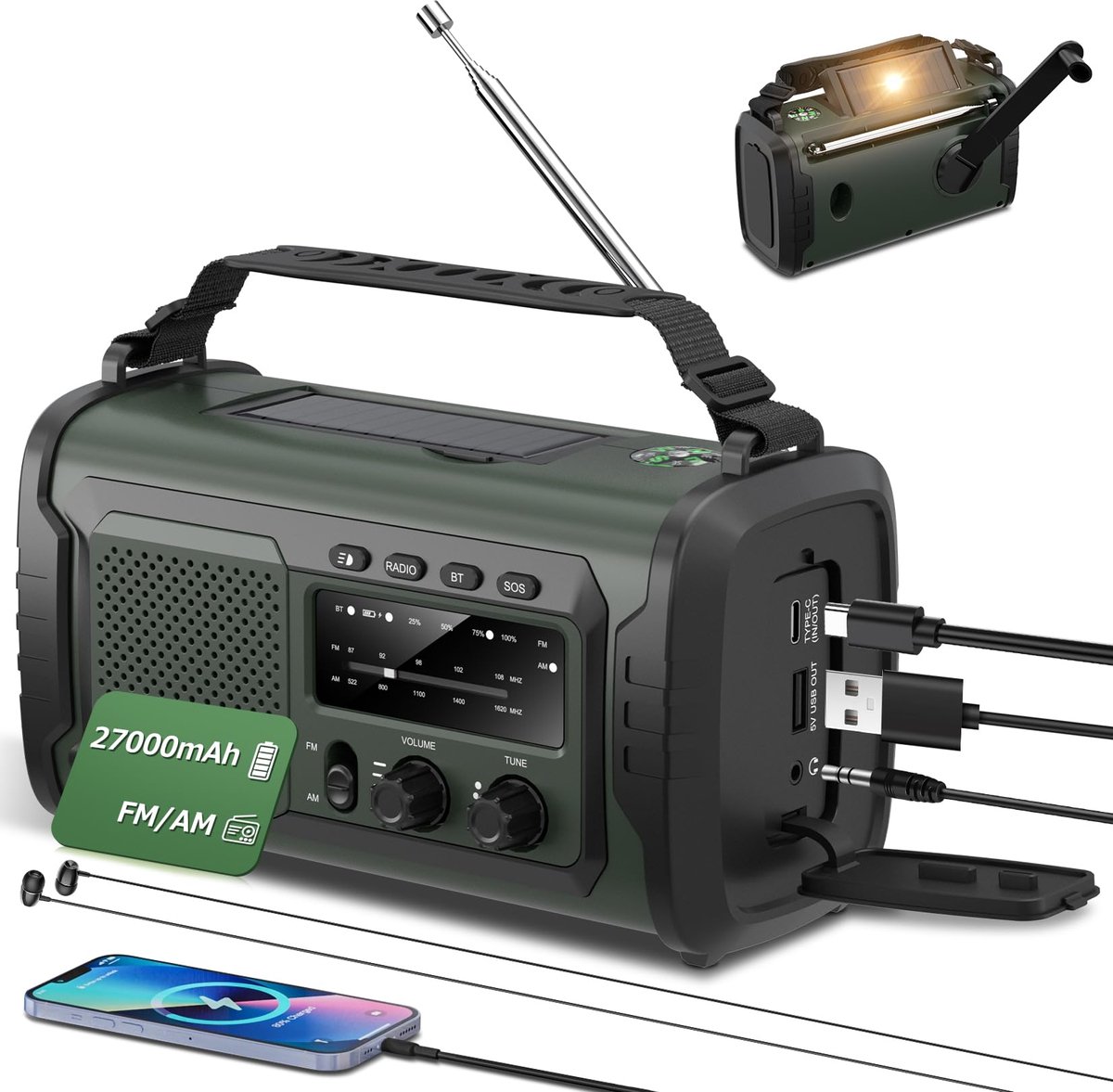 SnelShoppen - 27000 mAh Noodradio met FM/AM, Bluetooth 5.1, SOS Alarm, Kompas, Zaklamp - Opwindbare Radio voor Outdoor, Camping, Natuurrampen, Avontuu