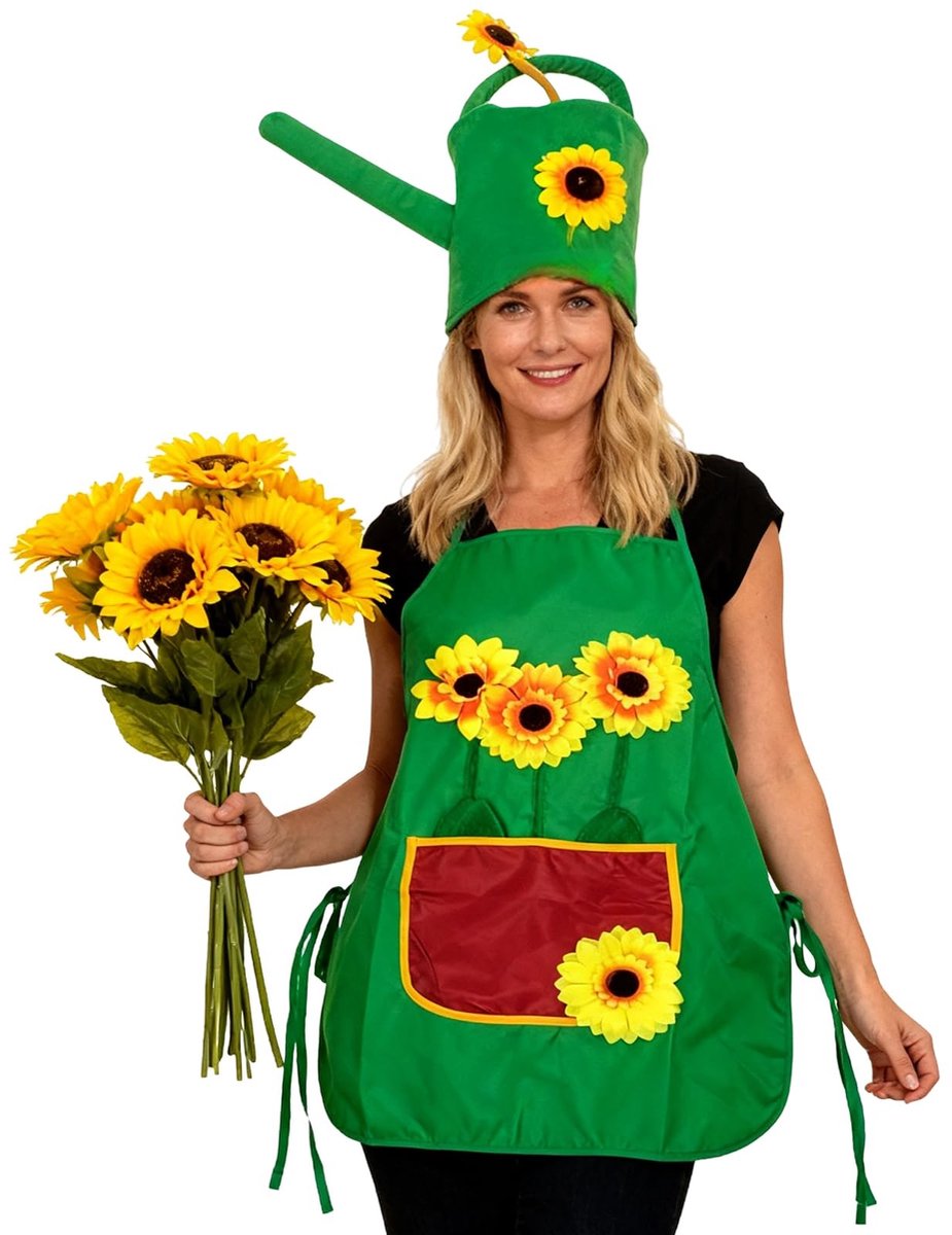Dailygoods - Carnaval Tuinierkostuum voor Dames en Heren - Zonnebloem Haarband en Gieter Hoed