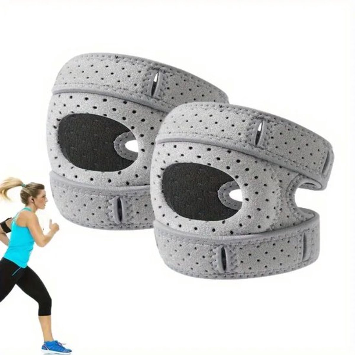 2-delige grijze verstelbare kniebeschermers met gesp, unisex, ademend, ondersteunend, hardlopen, fitness, herstel