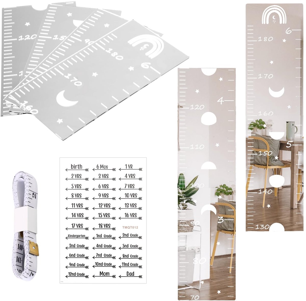 Dailygoods - 4 Stuks Groei Spiegels voor Kinderen - Hoogte Meting en Decoratie