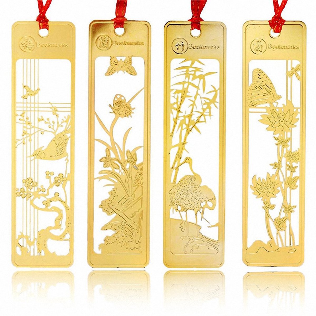 Dailygoods - 4 Stuks Chinese Metalen Boekenleggers - Goud Hollow Design