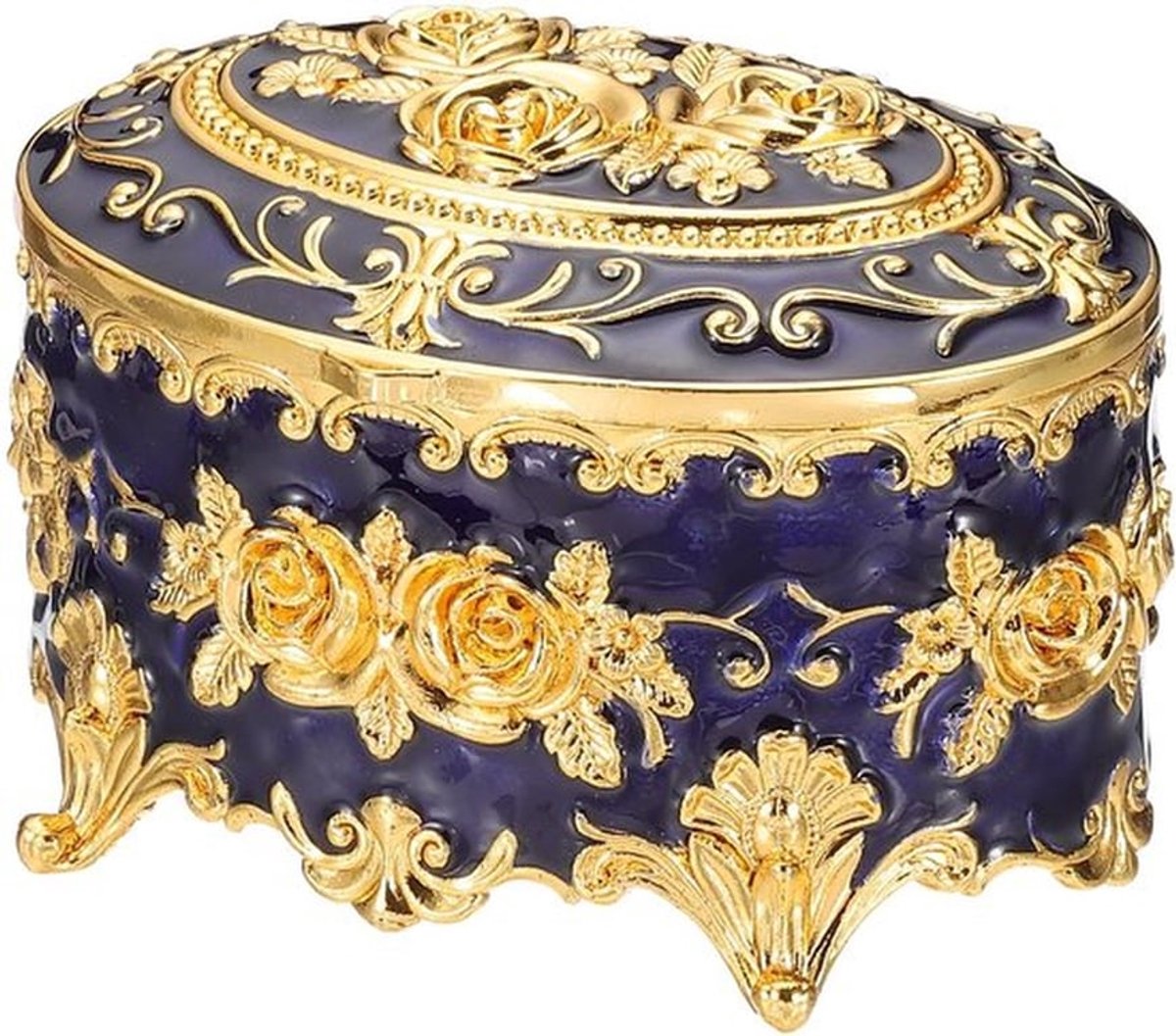 PATIKIL Vintage metalen juwelendoos, ovale snuisterij organizer doos sieraden opbergdoos voor ring oorbellen ketting, kaptafel, bruiloft verjaardagscadeau huisdecoratie, vrouwen meisjes, blauw