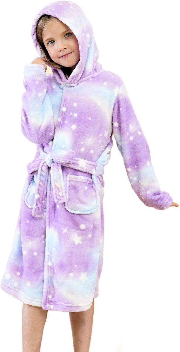SnelShoppen - Meisjes Zachte Badjas met Capuchon Fleece Badjas Nachtkleding Kinderen - Paarse Sterren, Maat 14-16 jaar, Perfect voor Thuis, Slapen, en