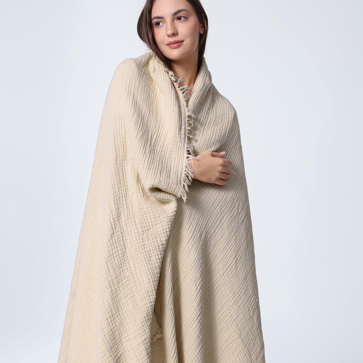SnelShoppen - Ademend Mousseline-deken 225 x 270 cm - Zacht 100% Katoen Zomersprei voor Tweepersoonsbed - Beige 4 Lagen met Franjes - Perfect voor Ban