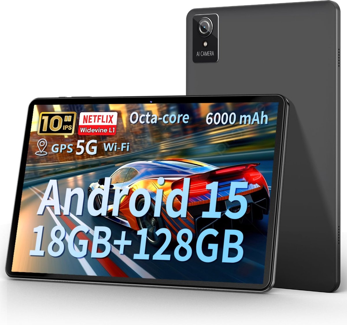 SnelShoppen - Aobante 10 Inch Tablet Android 15, 18GB RAM, 128GB Opslag, 1TB Uitbreidbaar, Octa-Core, Wifi 6, 6000 mAh, Dubbele Camera, Gemini AI