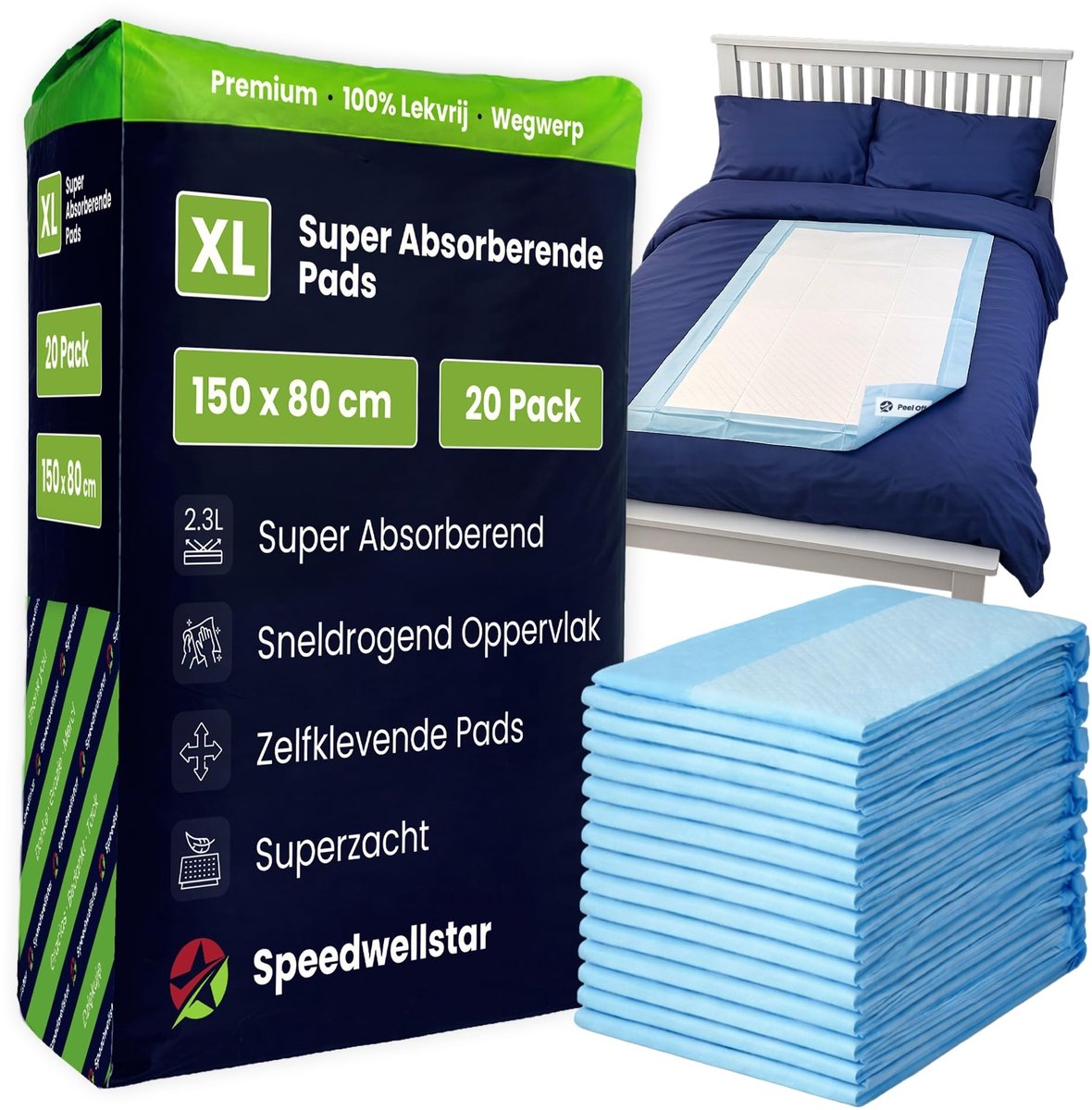 SnelShoppen - Incontinentie Bed Pads Wegwerp Extra Groot 150 x 80 cm | 20-pack Superabsorberend 2300 ml Lekvrij Waterdicht Beschermingspad Antislip vo