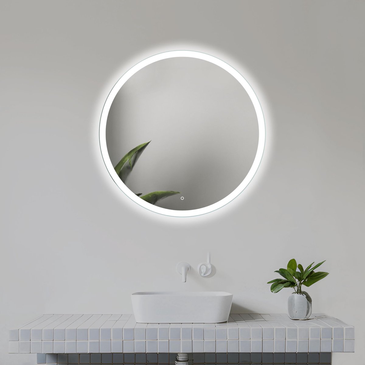 SnelShoppen - 50 cm Ronde Badkamerspiegel met LED Verlichting, Circulaire Badkamerspiegel met Aanraakschakelaar, Natuurlijk Witte LED Verlichting voor