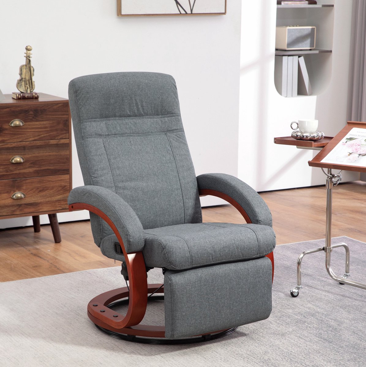 OKWISH Relaxfauteuil met 135° Verstelbare Rugleuning en Voetsteun – Draaibare Televisiefauteuil voor Woonkamer – Hout – Grijs