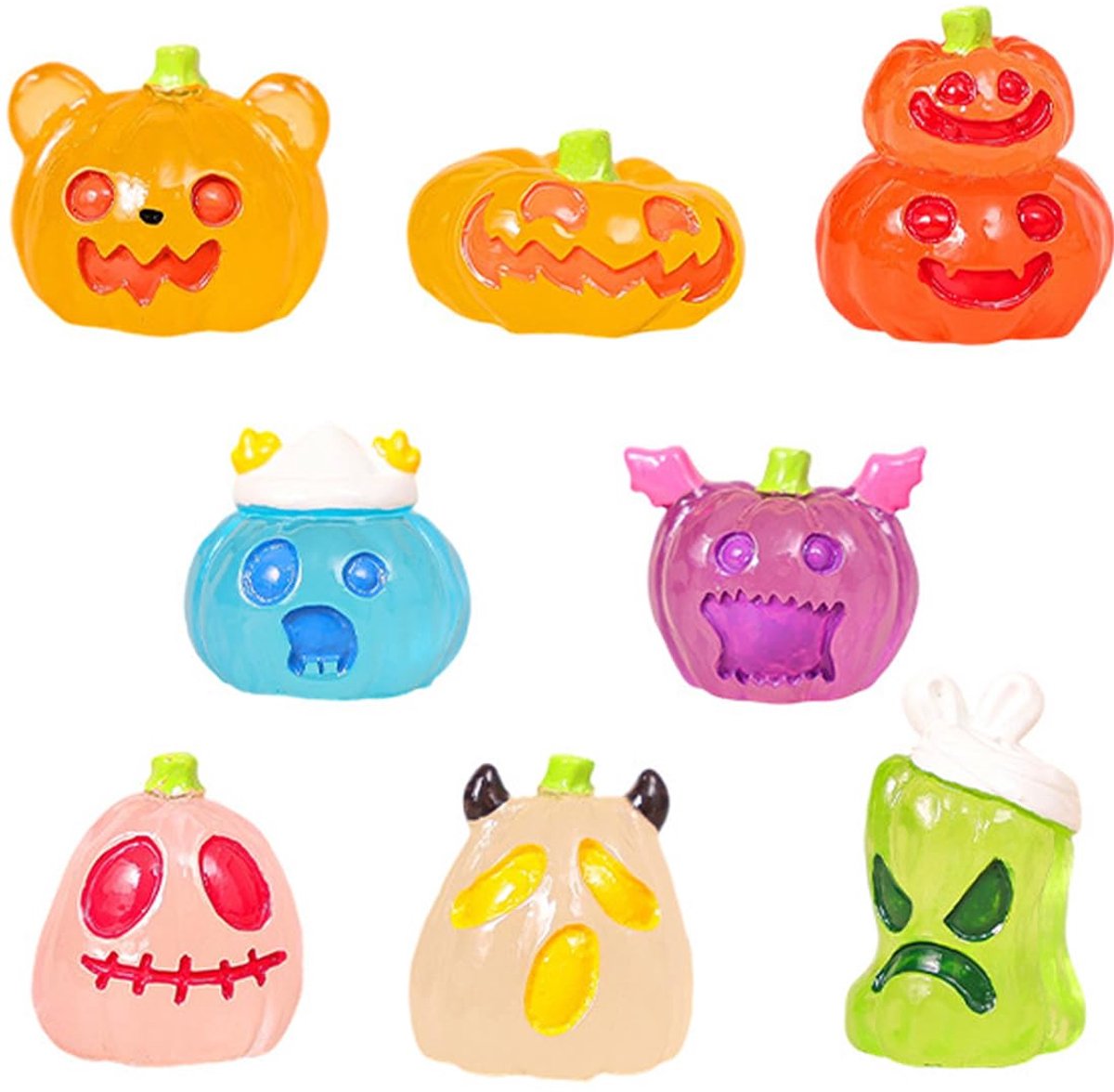 8 Miniatuurfiguren van hars, kleurrijke mini-pompoenen voor Halloween en carnaval