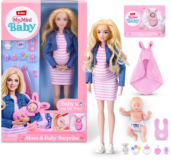 Zwanger blonde pop in gestreepte jurk en spijkerjasje, inclusief babyfiguur en accessoires.