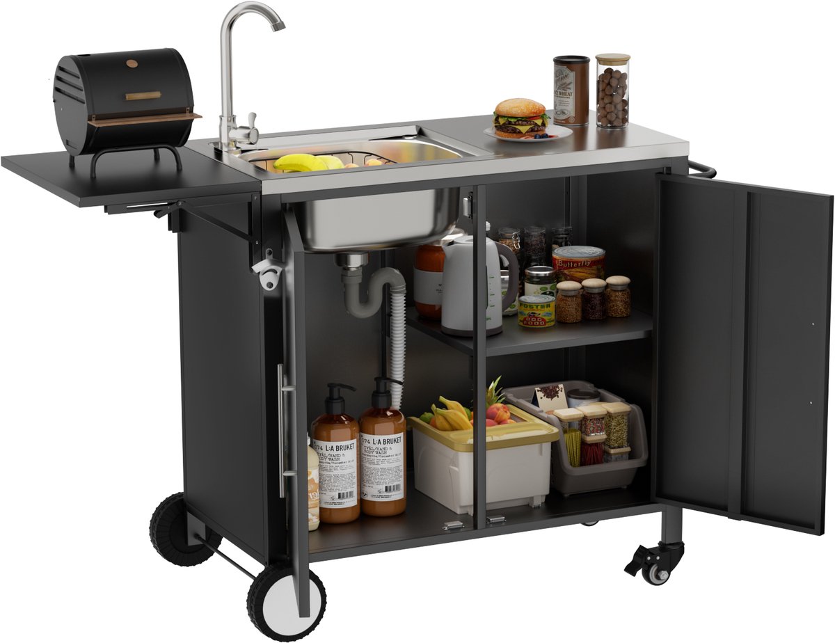 Grillwagen met spoelbak - opklapbaar werkblad - metalen opbergkast - verrijdbaar met wielen - van metaal - ideaal voor tuin, achtertuin en gazon