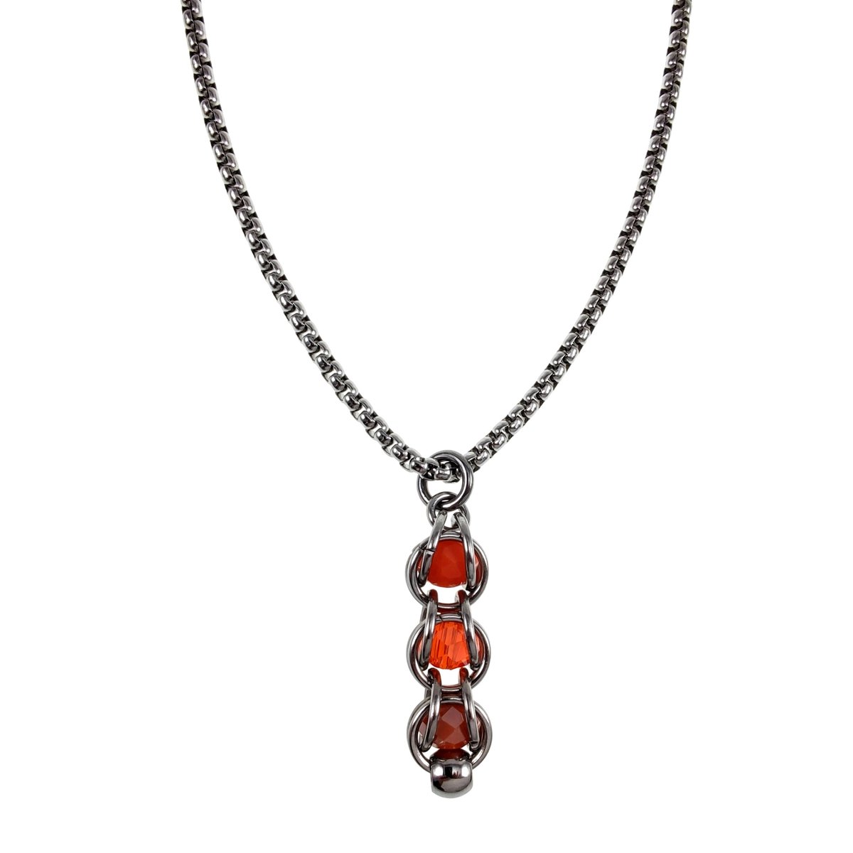 Schakelhanger met Drie Oranjetinten Kristallen met Ketting, Jasseron-Ketting 60cm x 3mm + Hanger, RVS, Dames - Handgemaakt