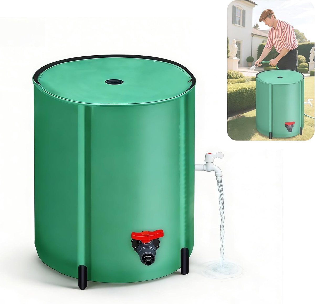 Regenwateremmer - Groen - 200 l - Inklapbare Regenton met Deksel en Twee Kranen - Voor de Tuin
